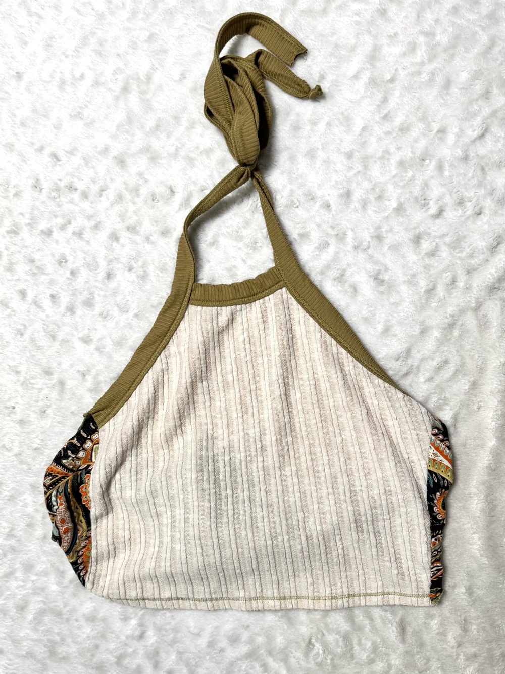 EARTHBOUND Cream Ribbed Halter Crop Top with Olive Trim and Paisley Accents
